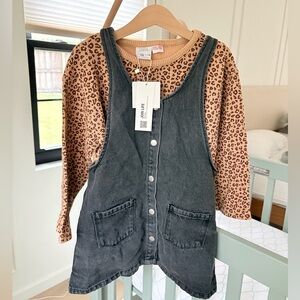New Zara Girls Gray Washed Denim Button Skirt Overalls with Leopard Top 4-5T 110